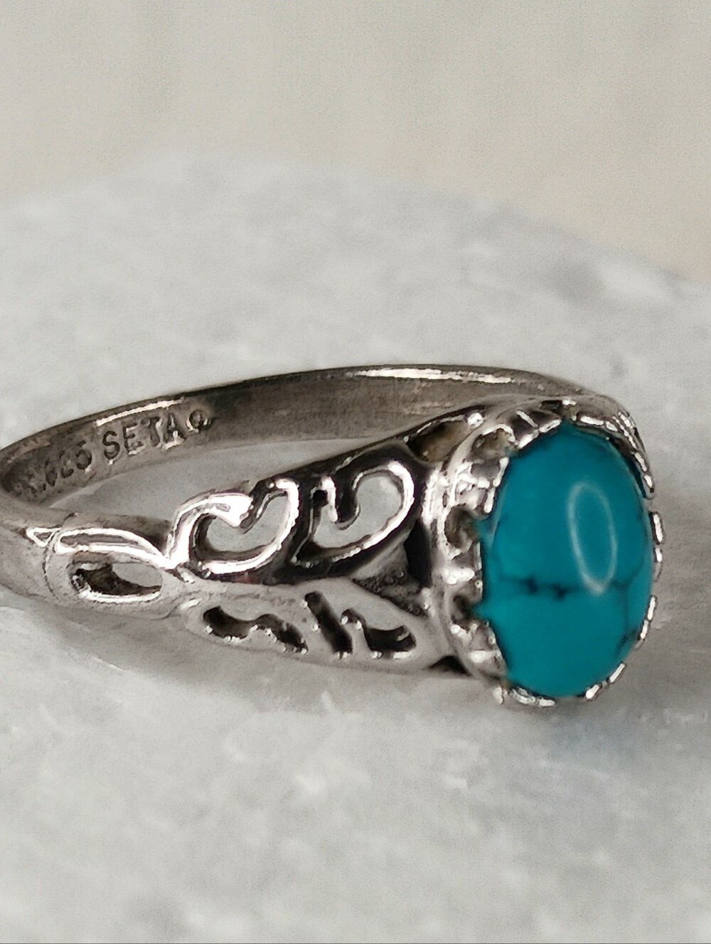 Ring Sz 7.75 Turquoise Stone Sterling Silver Scrollwork Vintage Southwest